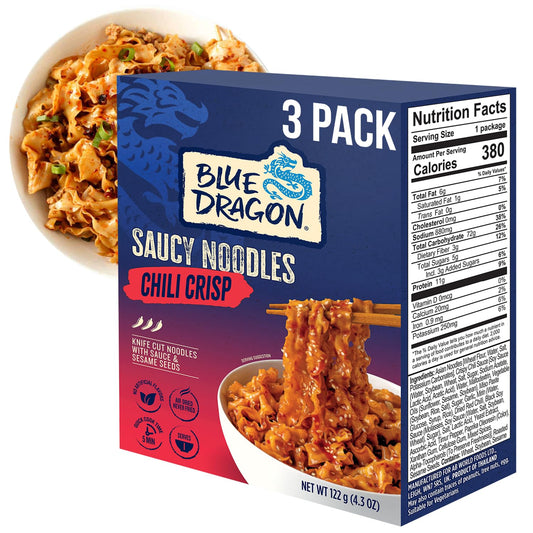Blue Dragon Chili Crisp Saucy Noodles - 4.2oz (Pack of 3) - Knife Cut Thick Noodles w/Spicy Chili Crisp Sauce & Sesame Seed Garnish - Quick & Easy Meal w/Bold Spicy Asian Flavors - Vegetarian Friendly