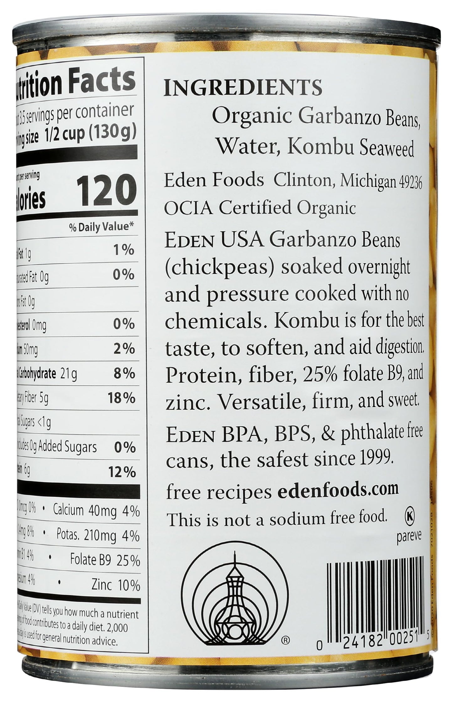 Eden Organic Garbanzo Beans, 15 oz Can, No Salt, Non-GMO, Gluten Free, Vegan, Kosher, U.S. Grown, Heat and Serve, Macrobiotic, Chickpeas