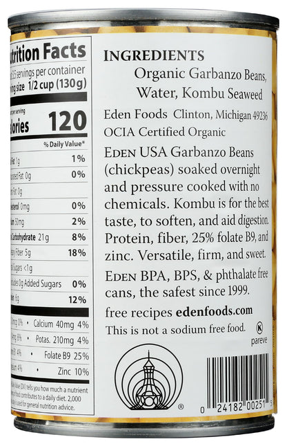 Eden Organic Garbanzo Beans, 15 oz Can, No Salt, Non-GMO, Gluten Free, Vegan, Kosher, U.S. Grown, Heat and Serve, Macrobiotic, Chickpeas