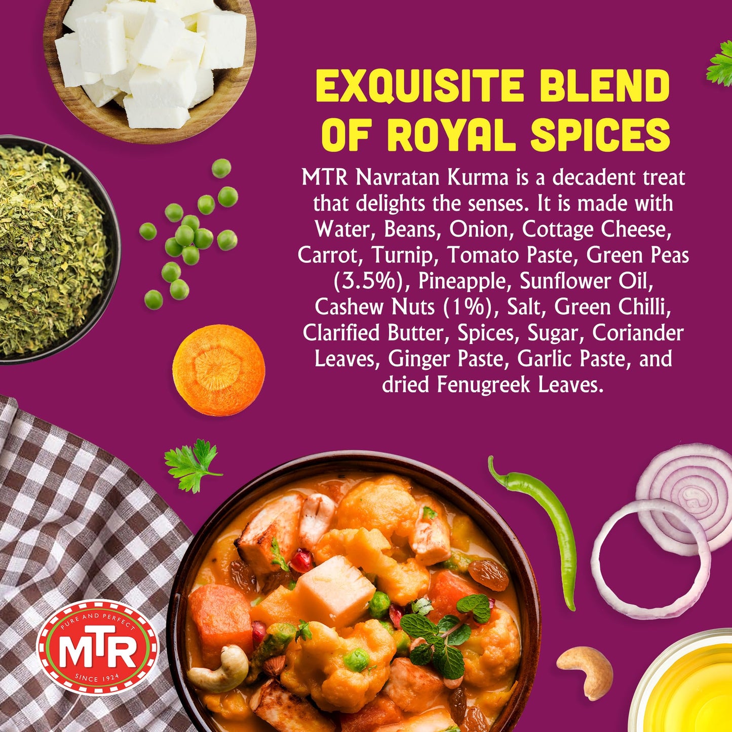 MTR - Minute Meals: Navratan Kurma - Vegetables in Mildly Spiced & Sweetened Gravy - Tasty Indian Meal with No Added Preservatives - Suitable for Vegetarians, Ready in Minutes! (Pack of 6)