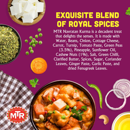 MTR - Minute Meals: Navratan Kurma - Vegetables in Mildly Spiced & Sweetened Gravy - Tasty Indian Meal with No Added Preservatives - Suitable for Vegetarians, Ready in Minutes! (Pack of 6)