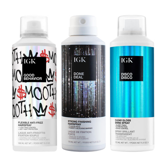 IGK Good Behavior Smoothing Hairspray + Done Deal Hairspray + Disco Disco Shine Spray – Hair Styling Trio for Frizz Control, Hold & Shine – Vegan & Cruelty-Free