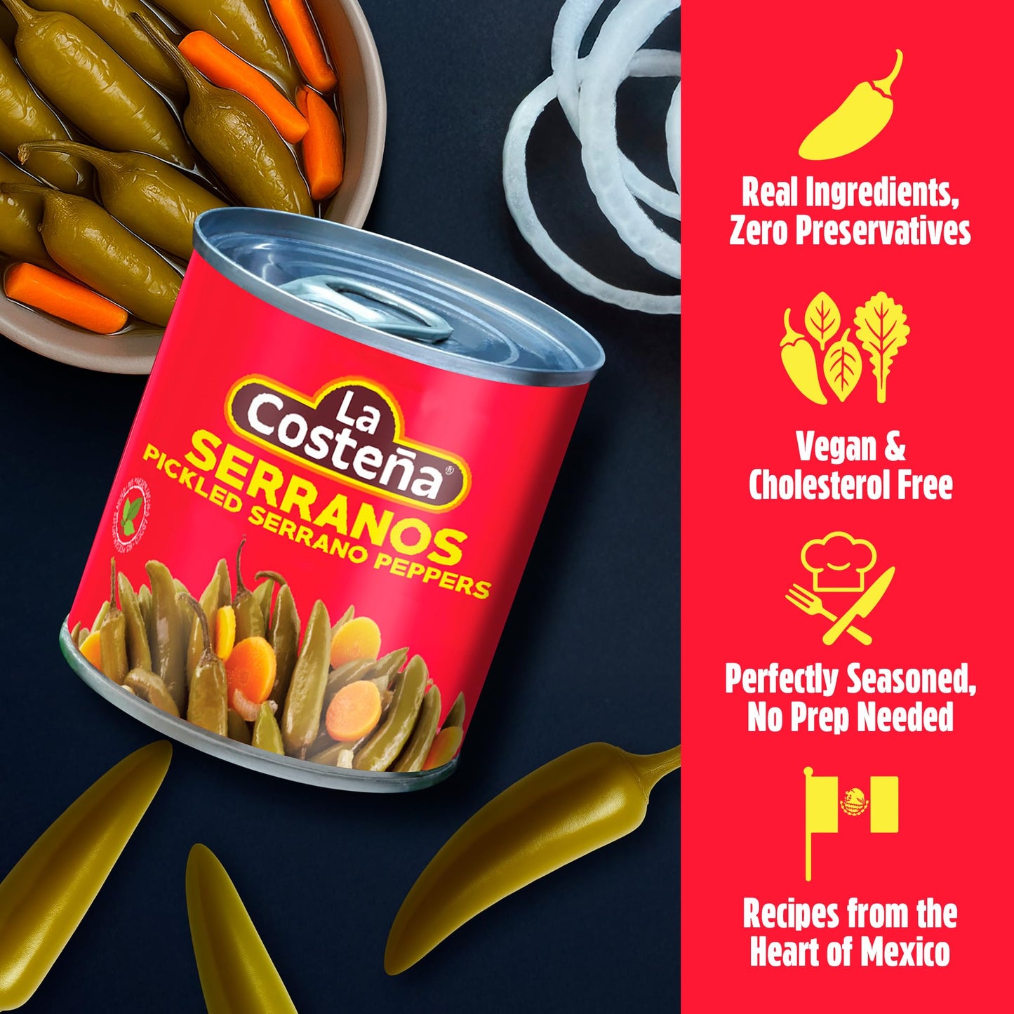 La Costeña Whole Serrano Pepper & Sliced Carrots - Spicy Green Chiles for Mexican Food, Pico de Gallo, Taco Seasoning, Salsa Verde & Guacamole - Hot Pickled Vegetables - 12oz, 12 Pack Cans