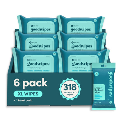 goodwipes Flushable Butt Wipes - Vitamin E & Aloe - Sewer & Septic Safe - Extra Large Adult Wet Wipes For Women & Men - Bathroom Essentials - Shea-Coco, 318 Count (6 Packs + 1 Travel)