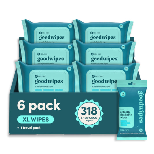 goodwipes Flushable Butt Wipes - Vitamin E & Aloe - Sewer & Septic Safe - Extra Large Adult Wet Wipes For Women & Men - Bathroom Essentials - Shea-Coco, 318 Count (6 Packs + 1 Travel)