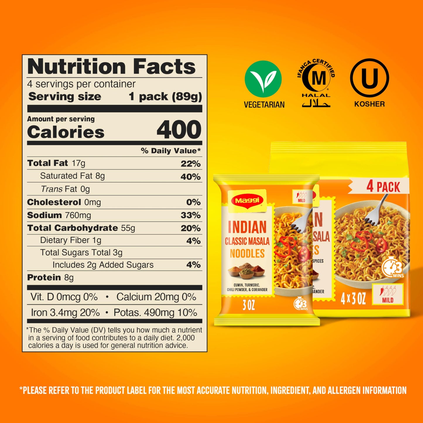 Maggi Classic Indian Masala Noodles, 3 min Indian Noodles, Mildly Spicy, Vegetarian, Halal, Kosher, 4 Pack