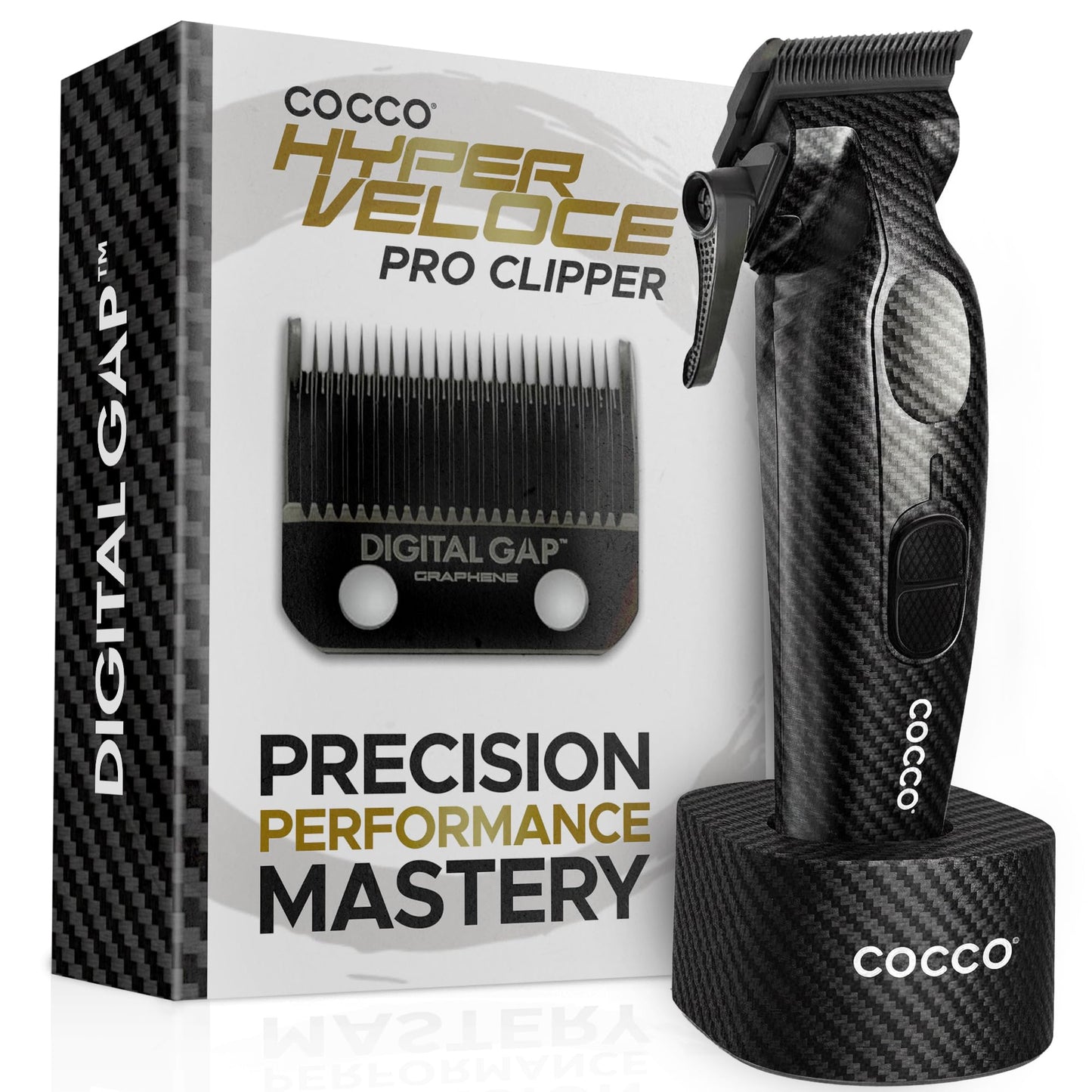 Cocco Hyper Veloce Pro Clipper, Digital Gap Ambassador Graphene Taper Blade Professional Hair Clippers, High-Torque BLDC Motor, All-Metal, Cordless, Charging Station Included (Carbon Fiber)