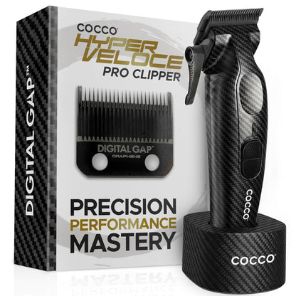 Cocco Hyper Veloce Pro Clipper, Digital Gap Ambassador Graphene Taper Blade Professional Hair Clippers, High-Torque BLDC Motor, All-Metal, Cordless, Charging Station Included (Carbon Fiber)