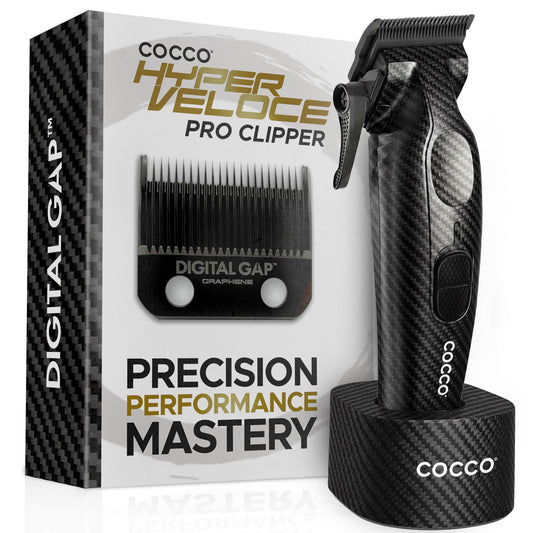 Cocco Hyper Veloce Pro Clipper, Digital Gap Ambassador Graphene Taper Blade Professional Hair Clippers, High-Torque BLDC Motor, All-Metal, Cordless, Charging Station Included (Carbon Fiber)