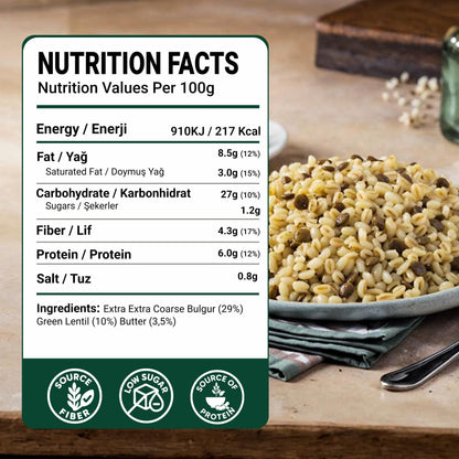 Duru Ready Bulgur Pilaf with Green Lentils, 250g x 4 Pack – Heat & Eat, 100% Natural, Non-GMO, BPA Free, No Trans Fat, No Preservatives