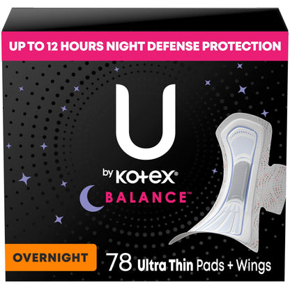 U by Kotex Balance Ultra Thin Overnight Pads with Wings, 78 Count (6 Packs of 13) (Packaging May Vary)