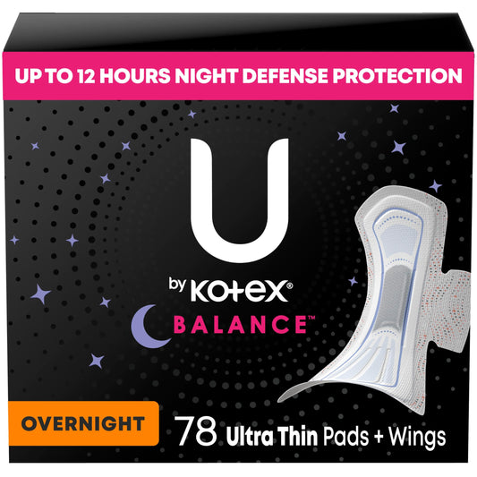 U by Kotex Balance Ultra Thin Overnight Pads with Wings, 78 Count (6 Packs of 13) (Packaging May Vary)