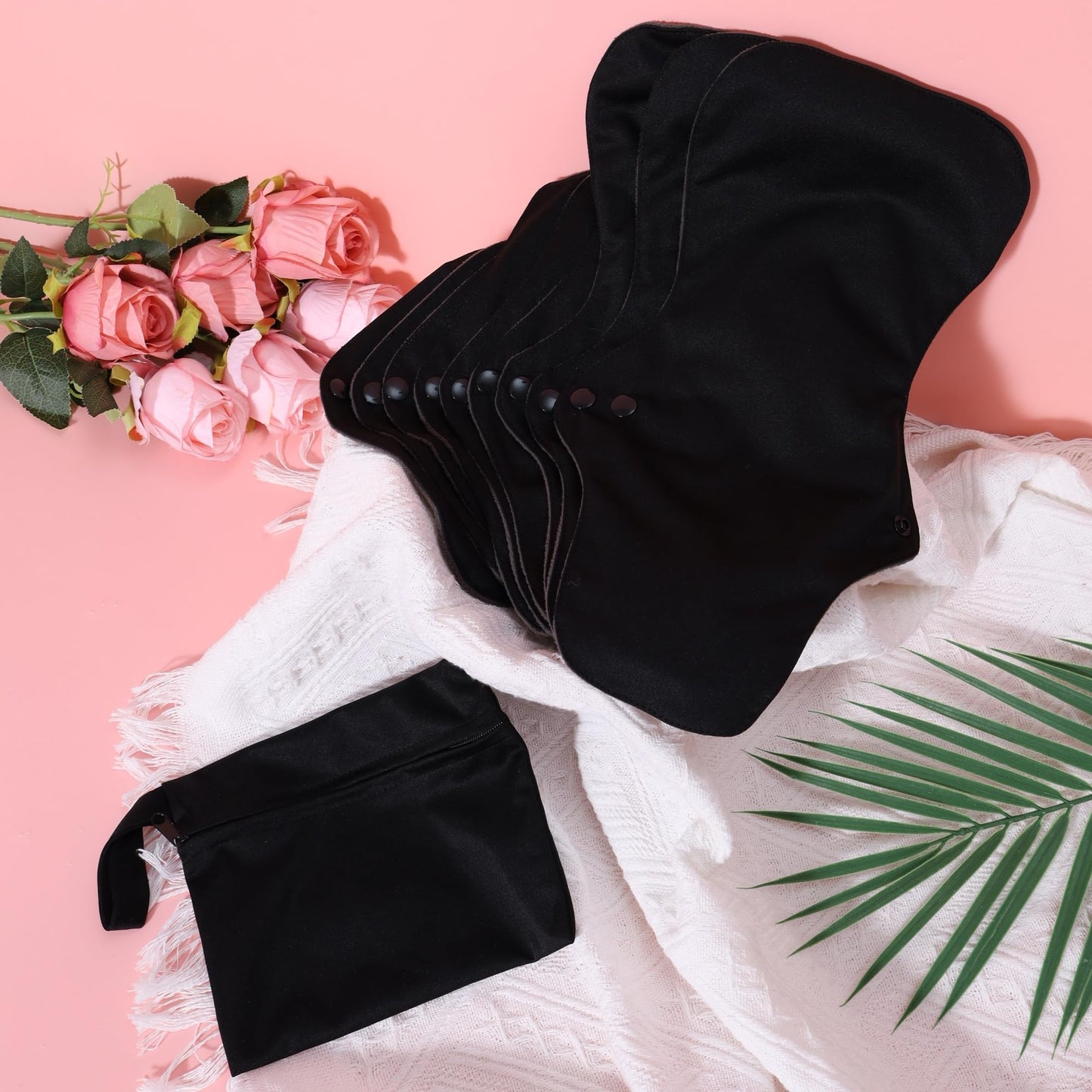 Black Snaps Soft Adjustable Snaps Cloth Reusable Menstrual Pads - Reusable Sanitary Pads | Reusable Panty Liners | -9 pcs Three Size Cloth Sanitary Pad with 1 Bag(3331纯黑)