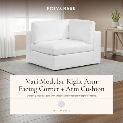 Poly & BARK Vari Modular Right Facing Corner Seat with Arm Cushion in Cotton White Performance Fabric with Water Repellent Washable Covers Plush Comfort for Custom Sectional Sofa Layouts