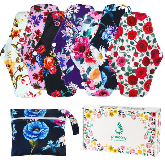PHOGARY Reusable Menstrual Pads, Breathable Mesh Surface Cloth Sanitary Pads Set for Heavy Flow with Wet Bag, Washable Overnight Cloth Panty Liners with Wings for Women