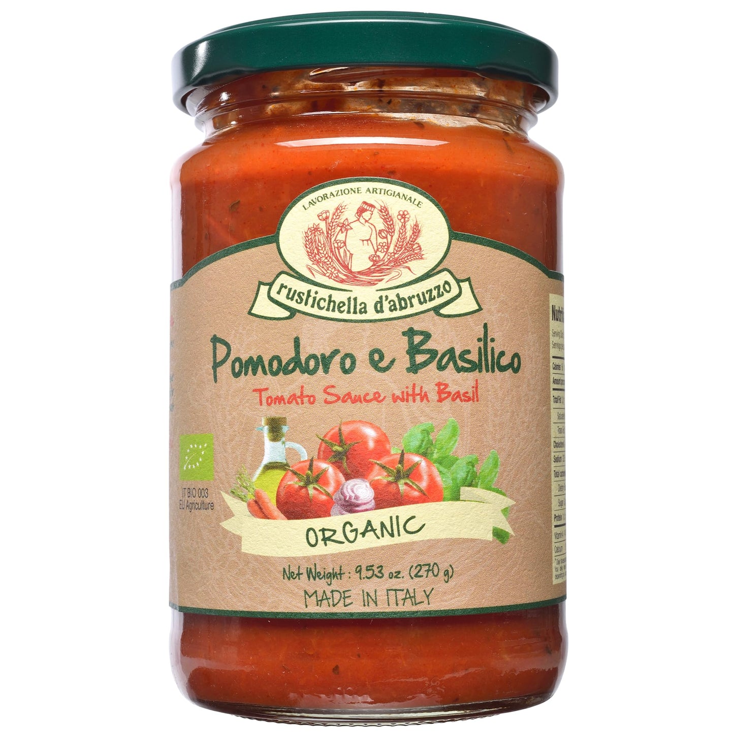Rustichella d'Abruzzo Tomato & Basil Sauce | Authentic Italian Tomato Sauce with Fresh Basil & Olive Oil | Vegan | Perfect for Pasta, Pizza, Spaghetti & Marinara (9.53 oz / 270 g)