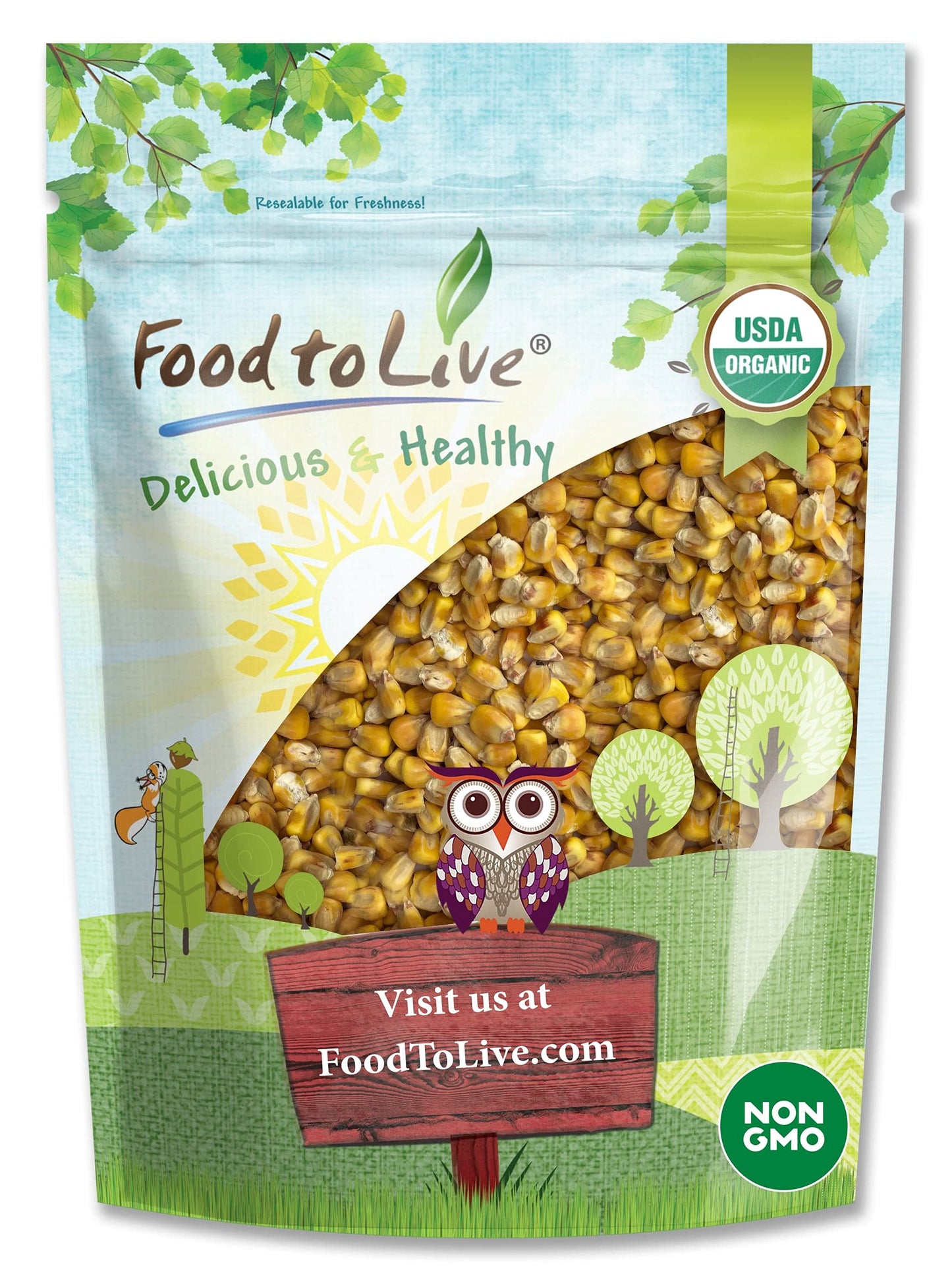 Food to Live Organic Yellow Whole Corn, 3 Pounds - Non-GMO Maize, Cleaned and Dried Kernels, Vegan, Kosher, Bulk Cereal Grain, Good Source of B vitamins, Thiamin, and Folate