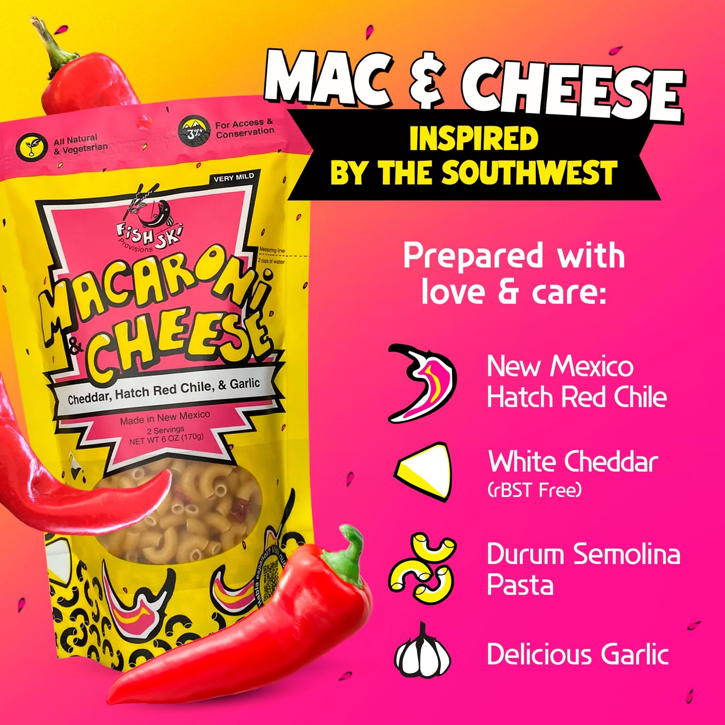 Fishski Easy Prepare New Mexico Hatch Red Chile Macaroni and Cheese with Cheddar (2 x 6oz Packs) 170g Each