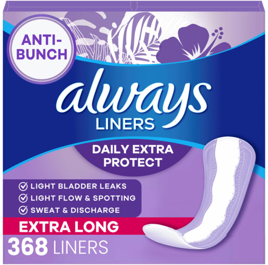Always Panty Liners for Women Anti-Bunch Xtra Protection Daily Liners, Extra Long, Unscented, 92 Count x 4 (368 total)