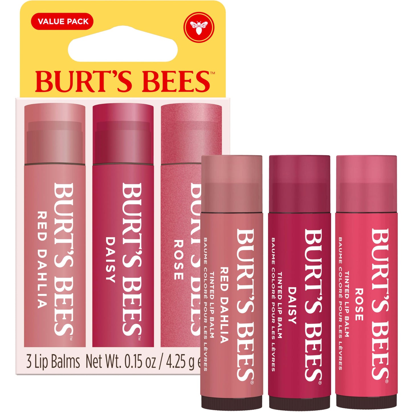 Burt’s Bees Tinted Lip Balm Value Pack Includes 3 Lip Balms: Red Dahlia, Daisy and Rose; 8 Hour Moisture; Provides a Hint of Color; Nourishing Shea Butter; 100% Natural Origin; 3 Tubes; 3x0.15 Oz.