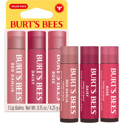 Burt’s Bees Tinted Lip Balm Value Pack Includes 3 Lip Balms: Red Dahlia, Daisy and Rose; 8 Hour Moisture; Provides a Hint of Color; Nourishing Shea Butter; 100% Natural Origin; 3 Tubes; 3x0.15 Oz.