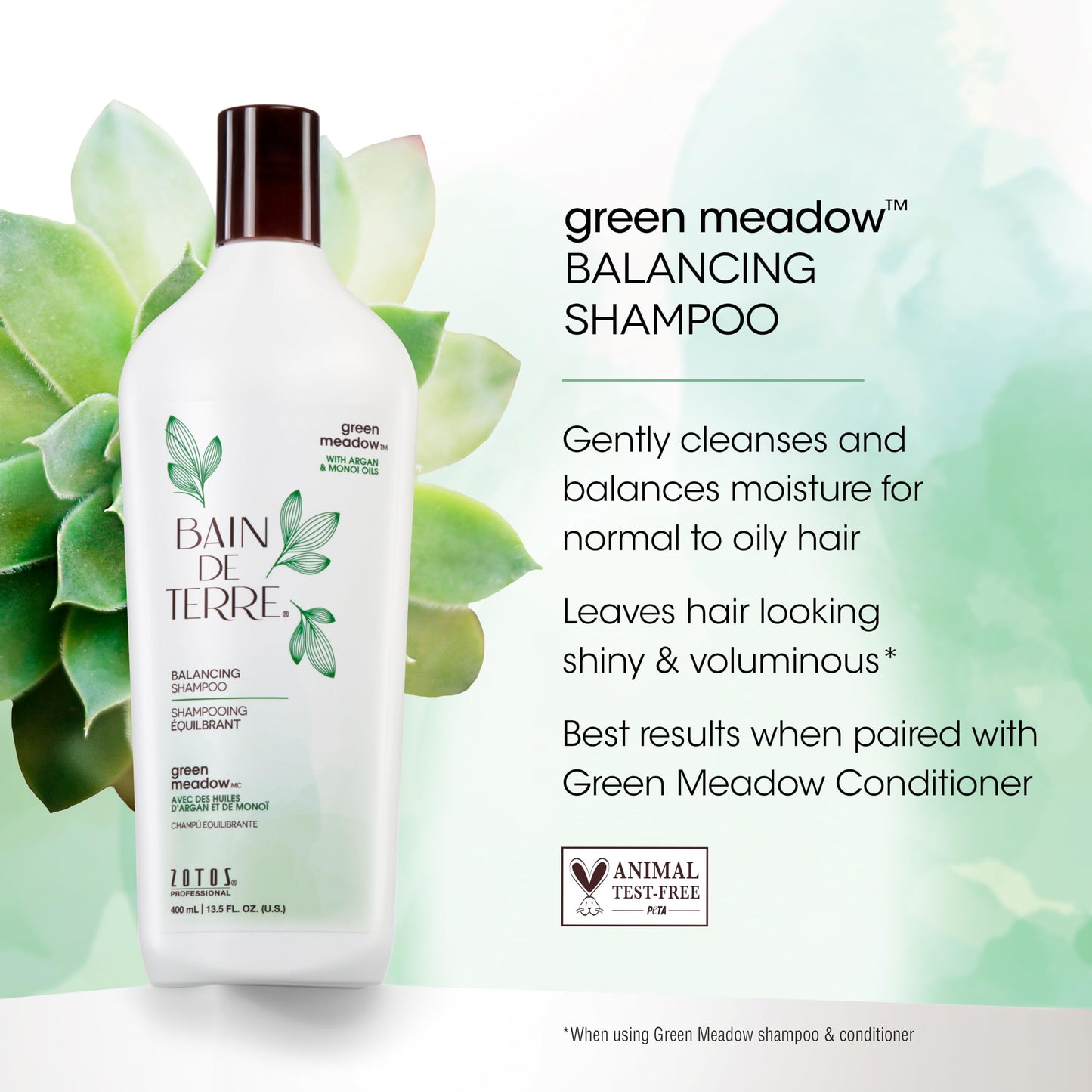 Bain de Terre Green Meadow Balancing Shampoo, Gentle Cleansing for Soft, Silky Hair with Argan & Monoi Oils, Paraben-Free, Color-Safe
