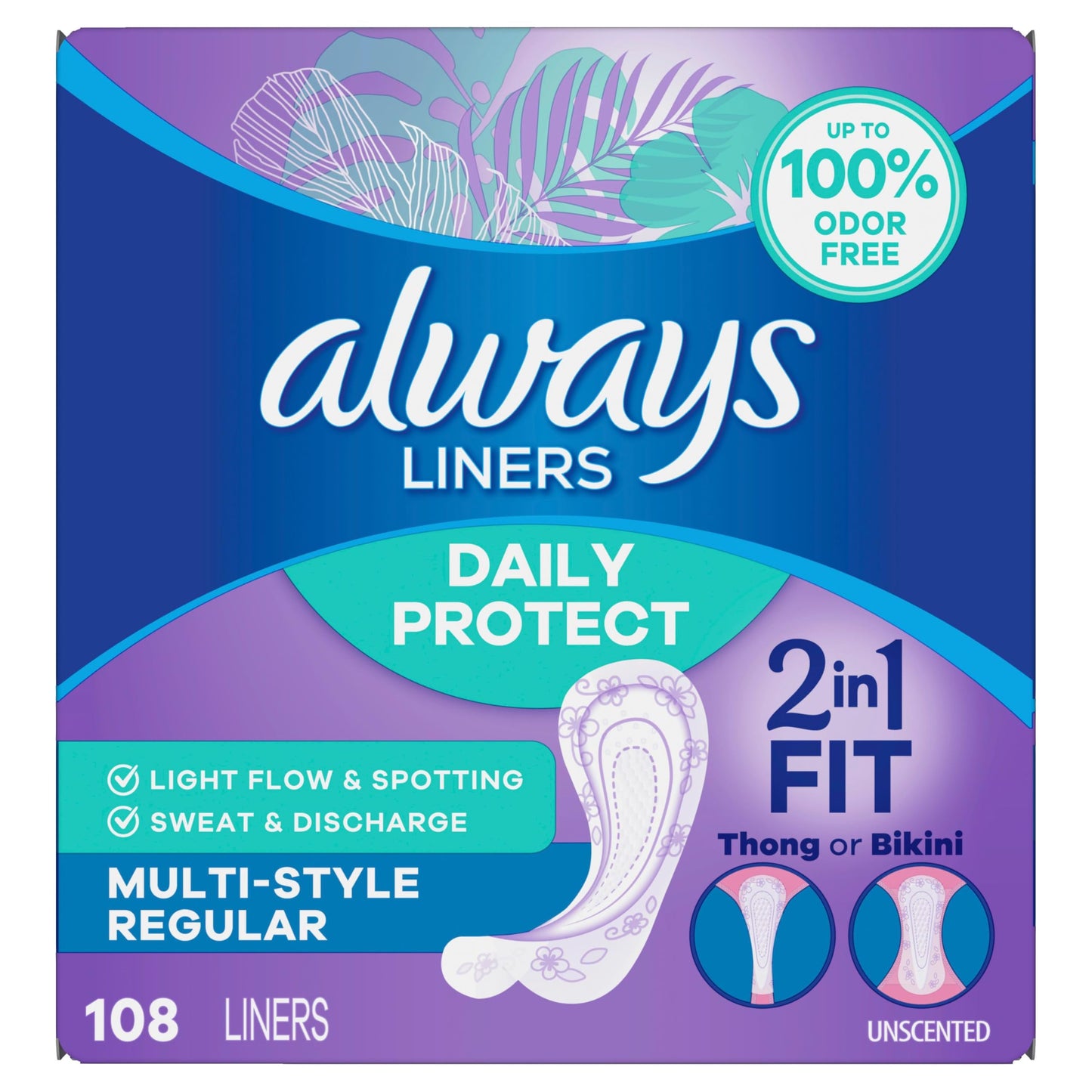 Always Daily Protect Multi-Style Liners, Regular Length, Unscented Panty Liners, Up to 100% Odor Free and Fragrance Free, Cleanguard Quilted Core Absorbs Wetness and Odors, 108 Count