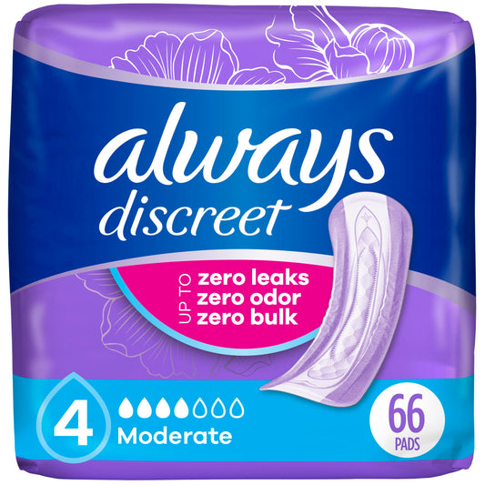 Always Discreet Adult Incontinence Pads for Women, Drier, 4 Drop Regular Length, Moderate Absorbency, Pads for Bladder Control Management, Bladder Leaks, & Postpartum Pads, 66ct