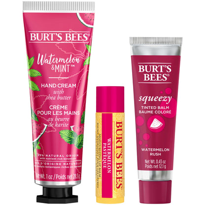 Burt's Bees Mothers Day Gifts for Mom, 3 Self Care Products, You're One in a Melon - Watermelon & Mint Hand Cream, Watermelon Lip Balm & Rush Squeezy Tinted Lip Balm (Packaging May Vary)