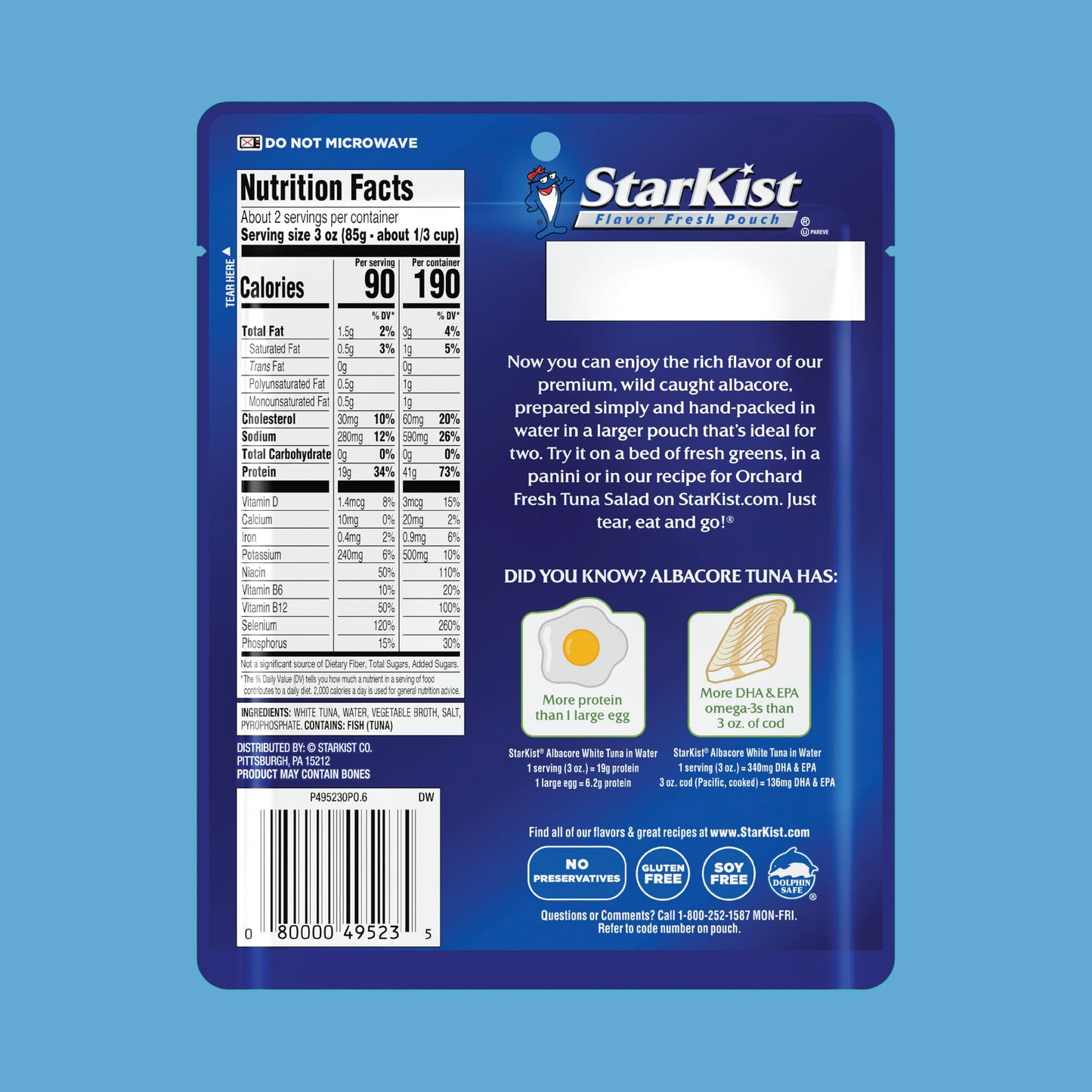 StarKist Albacore White Tuna in Water, 6.4 oz Pouch (1 Pack) Ready to Eat Wild Caught Tuna, 19g Protein & 90 Calories Per Serving, Gluten Free, Soy Free, Kosher, Perfect for Meals & Snacks