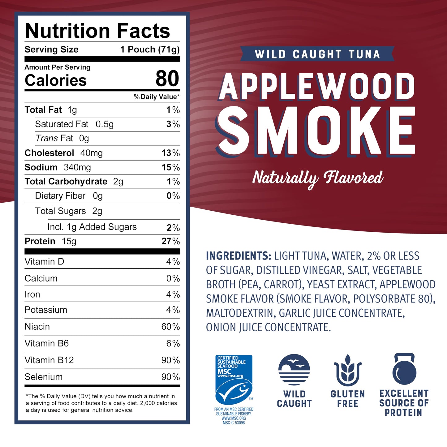 Bumble Bee Applewood Smoke Seasoned Tuna, 2.5 oz Pouch - Ready to Eat - Wild Caught Tuna Packet - 15g Protein per Serving - Gluten Free
