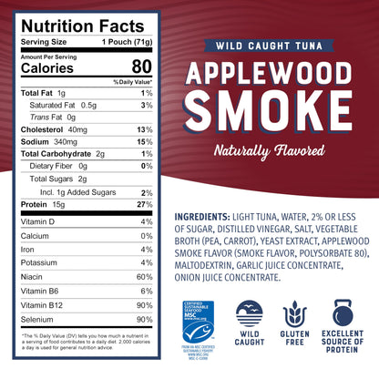 Bumble Bee Applewood Smoke Seasoned Tuna, 2.5 oz Pouch - Ready to Eat - Wild Caught Tuna Packet - 15g Protein per Serving - Gluten Free