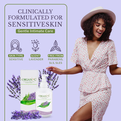 Organyc - Feminine Intimate Wash for Sensitive Skin - Free from Chlorine, Parabens, SLSSLES, and Synthetic Perfumes - 8.5 Fl Oz with Chamomile +Tea-Tree + Lavender