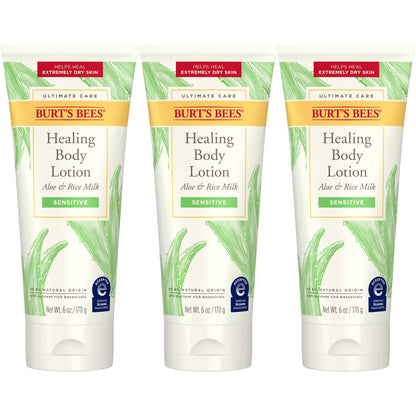 Burt's Bees Ultimate Care Healing Body Lotion with Aloe and Rice Milk for Sensitive Skin, 98.8% Natural Origin, 6 Ounces
