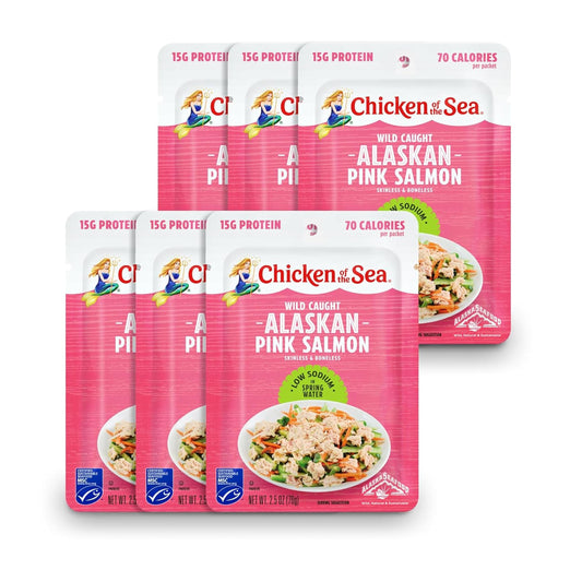 Chicken of the Sea Alaskan Pink Salmon in Water with 25% Less Sodium, 2.5 Ounce Salmon Packet, 6-Count – High Protein Skinless, Boneless Wild Caught Salmon – Easy, Nutritious Ready to Eat Meals.