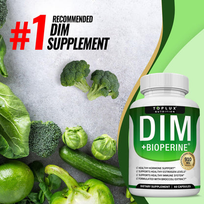 Dim Supplement 910 mg Plus BioPerine Complex - Diindolylmethane to Support Hormone Balance and Estrogen Metabolism, Helps with Menopause Acne PCOS Better Skin Bodybuilding, for Men Women, 60 Capsules