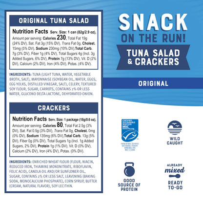 Bumble Bee Snack On The Run! Protein Snack Pack - 8g Protein per Box - Original Tuna Salad with Crackers Kit - Ready to Eat Easy-Open Can - Wild Caught MSC-Certified Tuna (Pack of 12)