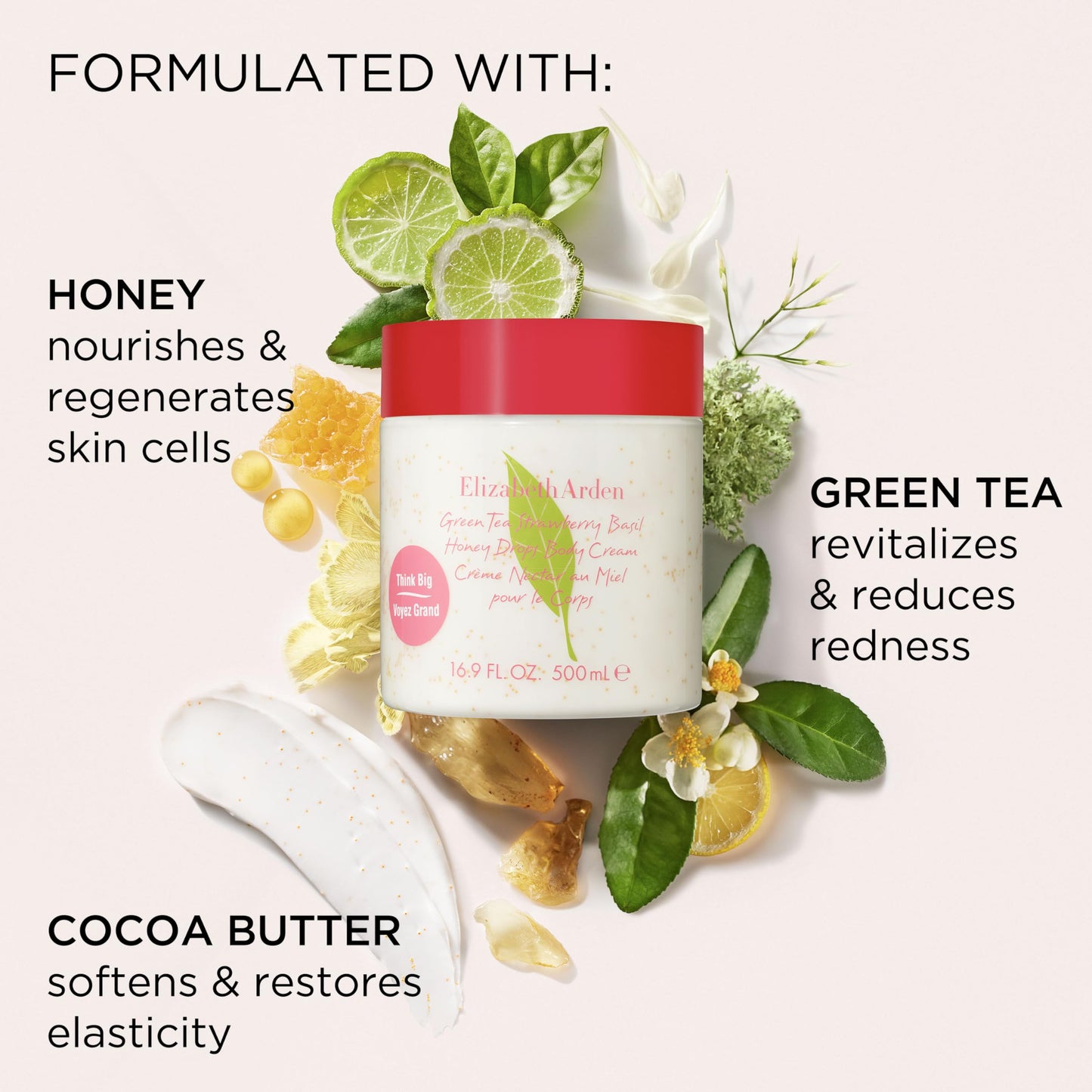 Elizabeth Arden Green Tea Strawberry Basil Honey Drops Body Cream, Hydrating Lightweight Moisturizer for Skin Care, 16.9 fl oz