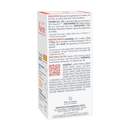 Avène Vitamin Activ Cg Radiance Concentrated Serum, Radiance Boosting Vitamin C Serum, powered by Vitamin Cg + Niacinamide + Bakuchiol, Visbily Reduce Wrinkles, Dark Spots & Fine Lines, 1 FL Oz