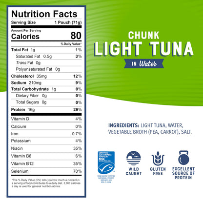 Bumble Bee Chunk Light Tuna in Water, 2.5 oz Pouches (Pack of 12) - Ready to Eat Wild Caught Skipjack Tuna Packet - 16g Protein per Serving - MSC Sustainable Seafood, Non-GMO, Gluten Free, Kosher