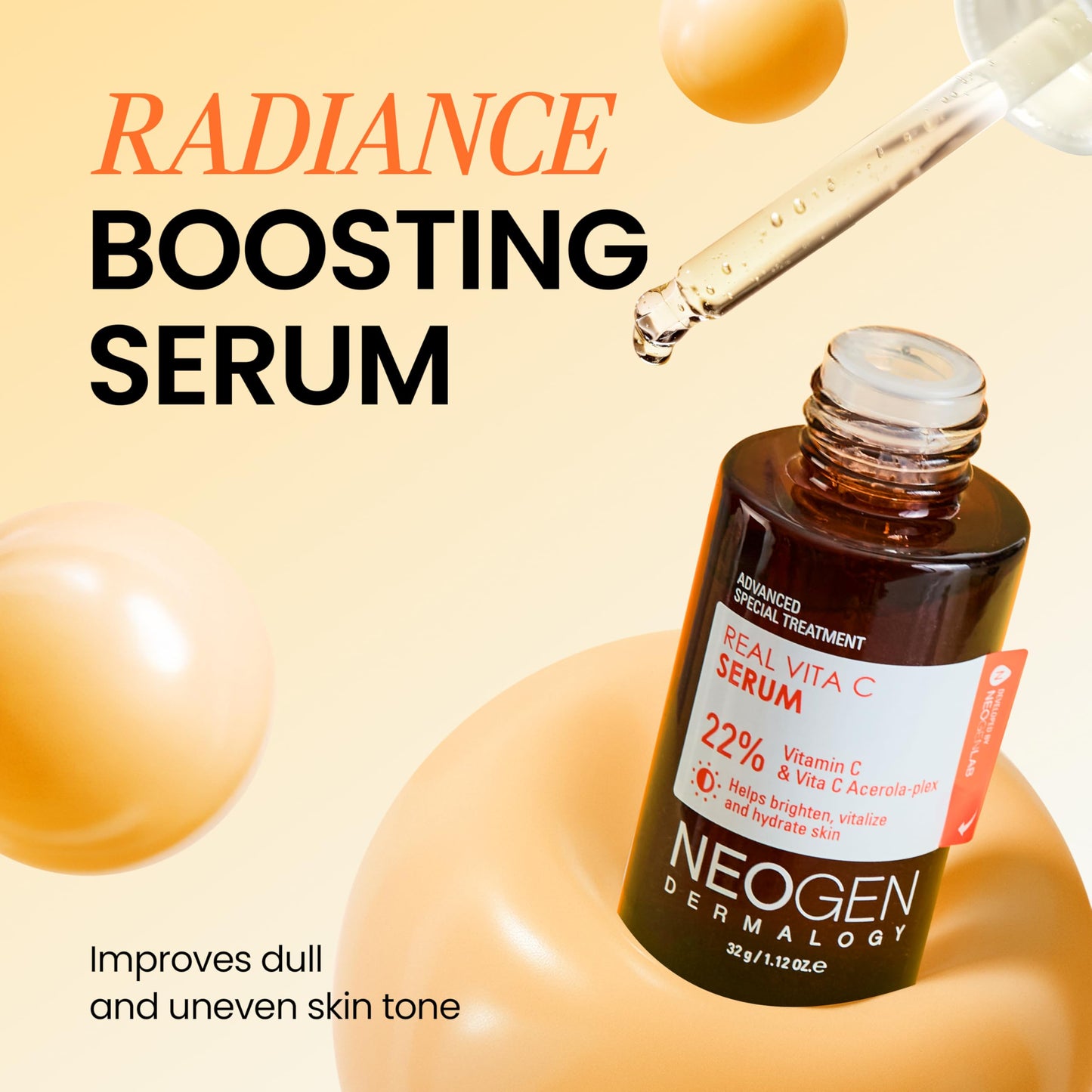 DERMALOGY by NEOGEN Real Vita C Serum, Hydrating Vitalizing Facial Serum with 22% Vitamin C, Even Skin Tone, Dark Spot Serum, Korean Skin Care (32g/ 1.12 oz)