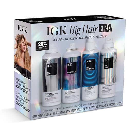 IGK Volume Kit Holiday 2025 – 4-Piece Volumizing Hair Set with NO LIMIT Dry Volume Spray, BODY LANGUAGE Rice Water Mist, PICK ME UP Root Spray & BIG TIME Volume + Thickening Mousse – Full Size