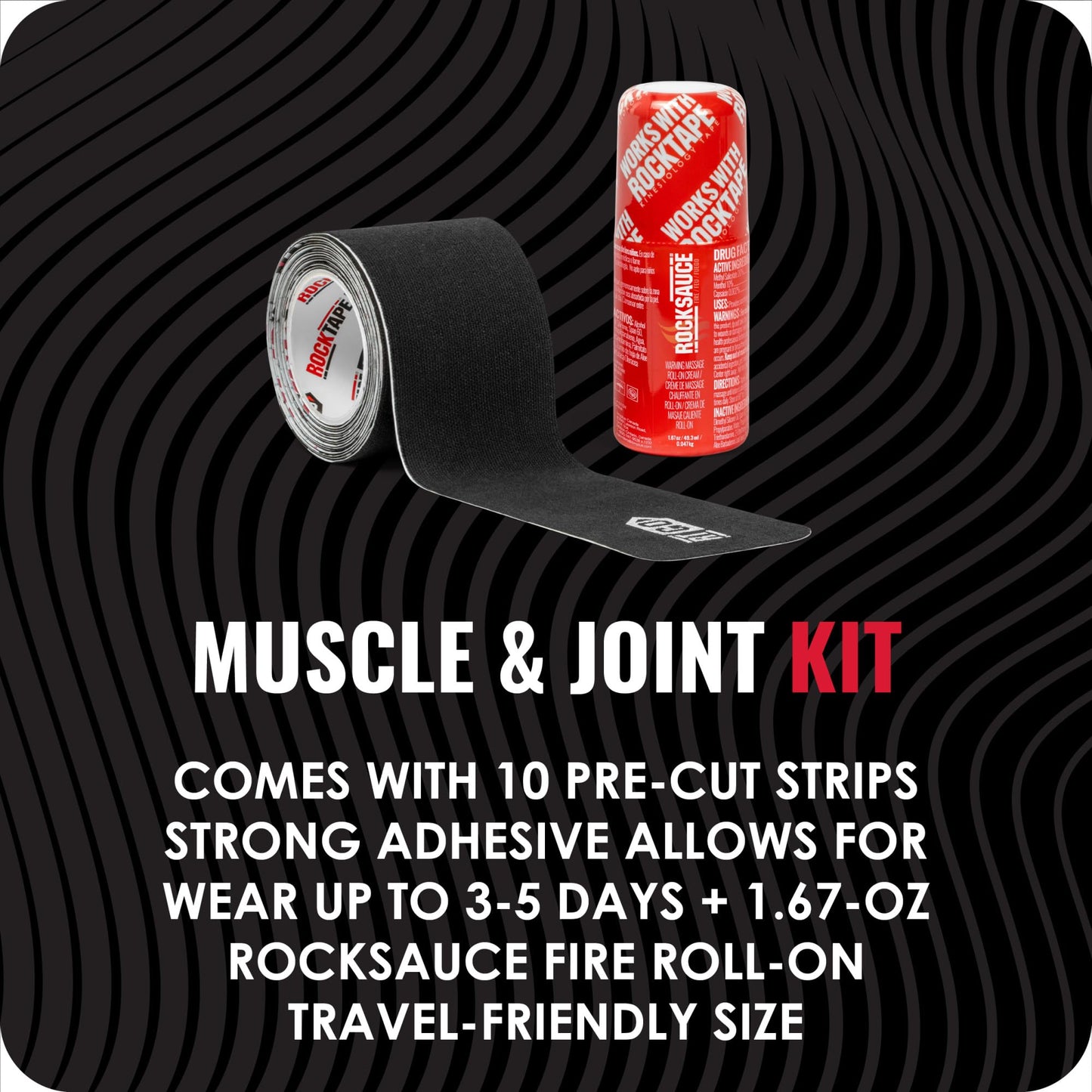 RockTape GO Muscle & Joint Relief Kit - Pre-Cut Kinesiology Tape & RockSauce Fire Roll-On - Quick Application, Durable, Water-Resistant, Recovery for Athletes