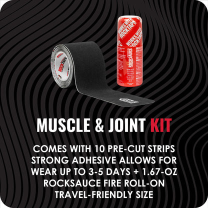 RockTape GO Muscle & Joint Relief Kit - Pre-Cut Kinesiology Tape & RockSauce Fire Roll-On - Quick Application, Durable, Water-Resistant, Recovery for Athletes