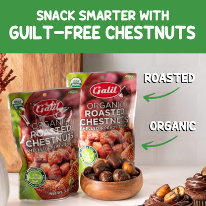 Galil Organic Roasted Chestnuts, Pack of 6, 3.5 oz Bags, Shelled Chestnut, Chestnuts Roasted Peeled