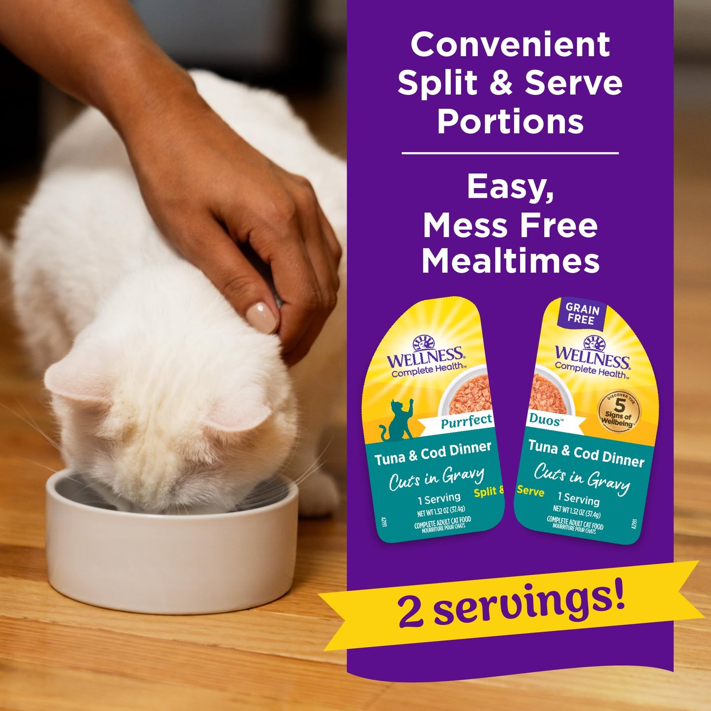 Wellness Complete Health Purrfect Duos, Cuts in Gravy, Adult Wet Cat Food, Natural, Protein-Rich, Grain-Free, 2.64 Ounce, 12 Pack, (Tuna & Cod Dinner Recipe)