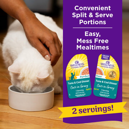Wellness Complete Health Purrfect Duos, Cuts in Gravy, Adult Wet Cat Food, Natural, Protein-Rich, Grain-Free, 2.64 Ounce, 12 Pack, (Tuna & Cod Dinner Recipe)