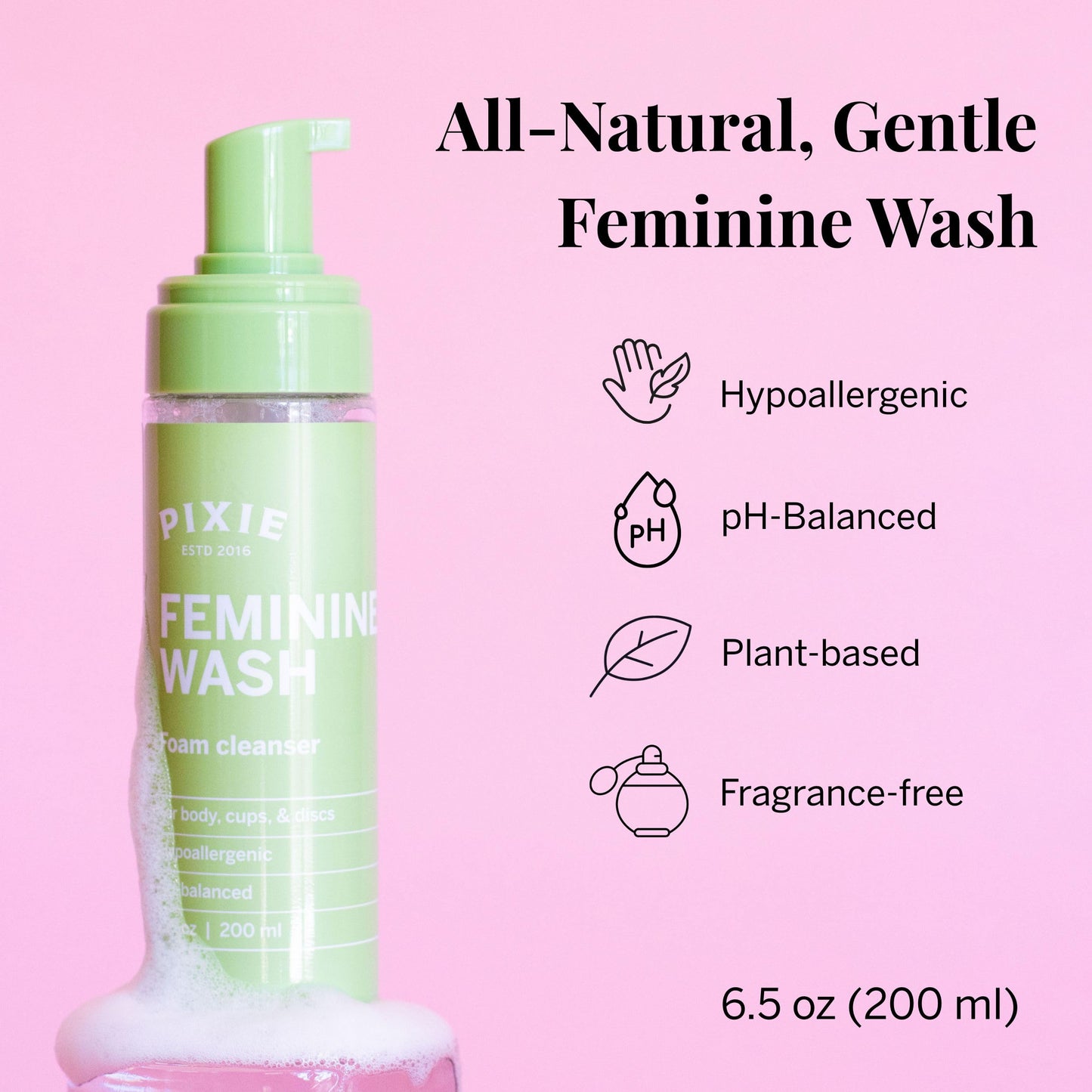 Pixie Feminine Wash – Healthy Foaming Cleaner with Natural Ingredients – More Foam Wash in Bottle Than Any Other Brand – pH Balanced & Plant Based – for Your Menstrual Cups and Discs, 6.5 Fluid oz
