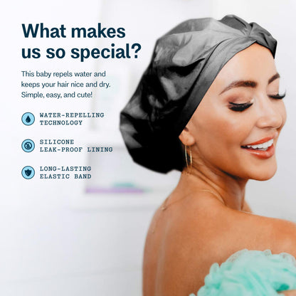 Gimme Beauty Lined Shower Cap for Women & Men - Reusable, Waterproof Shower Cap - Bathing Accessories - Black