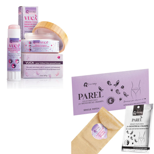 Vulva Balm (2 pcs Bundle: 2 + 0.5 oz); Vulva Cream; Intimate Vulva Moisturizer for Women + Heat Patches for Menstrual Cramps based on Flow Strength, 1 Single Patch for Weak & Normal Flow Herbs & Oils